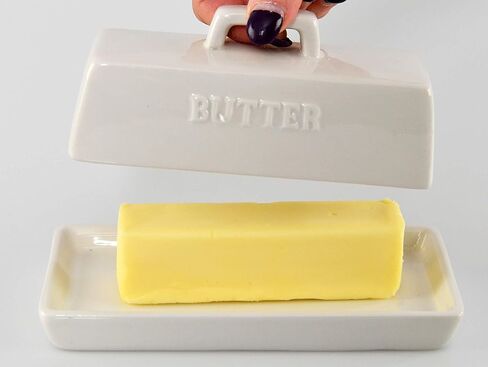 طبق زبدة كلاسيكي من HOME-X، طبق زبدة مع غطاء، طبق مزرعة لعصا الزبدة، وعاء الزبدة، 6 ¾ بوصة طول × 3 ¼ بوصة عرض × 3 بوصة ارتفاع، أبيض in Kuwait