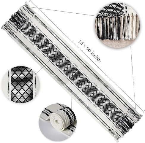 wracra boho المنسوجة الجدول عداء 14 × 72 بوصة أبيض وأسود ريفي الجدول العداءين الحديثة مزرعة نمط خمر ريفي الجدول عداء مع شرابات لخزانة الزفاف دش المنزل طاولة الطعام ديكور in Kuwait