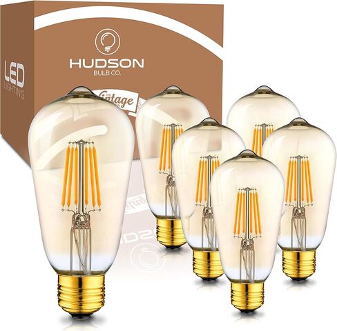 مصابيح إضاءة Hudson Vintage LED Edison 6W (6 عبوات) - مصابيح إضاءة دافئة قابلة للتعتيم 2200K (ما يعادل 60W) - مصابيح إضاءة زجاجية ملونة ذهبية اللون E26/27 - مجموعة مصابيح إضاءة مزخرفة على طراز ST58 in Kuwait