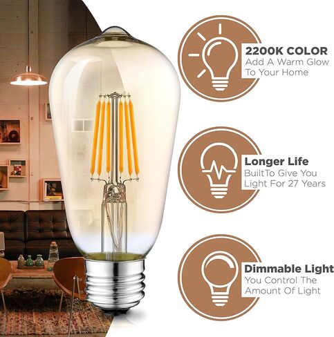 مصابيح إضاءة Hudson Vintage LED Edison 6W (6 عبوات) - مصابيح إضاءة دافئة قابلة للتعتيم 2200K (ما يعادل 60W) - مصابيح إضاءة زجاجية ملونة ذهبية اللون E26/27 - مجموعة مصابيح إضاءة مزخرفة على طراز ST58 in Kuwait