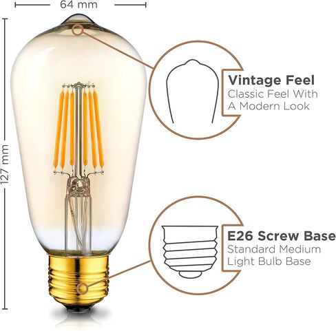 مصابيح إضاءة Hudson Vintage LED Edison 6W (6 عبوات) - مصابيح إضاءة دافئة قابلة للتعتيم 2200K (ما يعادل 60W) - مصابيح إضاءة زجاجية ملونة ذهبية اللون E26/27 - مجموعة مصابيح إضاءة مزخرفة على طراز ST58 in Kuwait