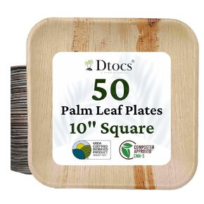 Dtocs Palm Leaf Plates 10 Inch Square 50 Pack Dinner Plate | Bamboo Plate Disposable Like Compostable Plates, Charcuterie Board, Cheese Platter | Wedding Plate Set Sturdy than 10" Paper Plates
