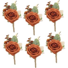 Rinlong 6Pcs Terracotta Boutonnieres for Men Wedding Groom Burnt Orange Boutonniere Fall Rustic Boho Groomsmen Accessories
