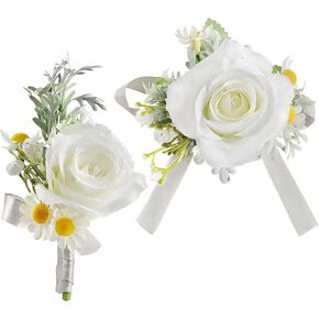Corsage and Boutonniere Set Ivory, Artificial Rose and Daisy Flowers for Groom, Wrist Corsage Wristlet for Bride Bridesmaid Wedding Ceremony Church Prom Party Homecoming Suit Decor.