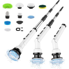 Electric Spin Scrubber for Bathroom Shower 9 in 1 Cordless Rotary Floor Brushes with 3 Adjustable Speeds, 9 Replaceable Brush Heads and Adjustable Detachable Long Handle Household Cleaning