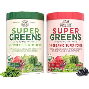 COUNTRY FARMS Super Greens Power Pack, 50 Organic Super Foods, Greens Powder with Probiotics for Gut Health & Bloating Relief, Supports Energy, Unflavored & Berry, 40 Serving