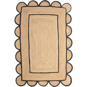 Handmade Carpet Wave Scallop Natural Jute Rug Boho Area Rug for Living Room Home Decor(Black, 2'x3')