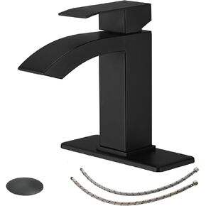 BWE Black Vessel Sink Faucet Single Handle One Hole Lavatory Waterfall Bathroom Faucet Mixer Tap Tall Body Matte with Drain Assembly and Supply Hose Solid Brass Deck Mount Faucet Commercial