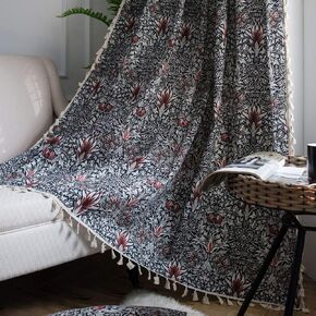vctops Vintage Floral Print Cotton Linen Curtain Panel with Tassels Farmhouse Style Room Darkening Window Curtain for Bedroom Living Room One Panel 94 Inch Long Red