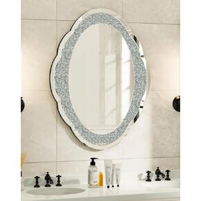 Artloge Arched Wall-Mounted Mirror: 36x24 in Decorative Large Silver Glass Vanity with Crushed Diamond Crystal Bling Edge, Modern Art Home Decor for Livingroom Diningroom Bathroom Bedroom