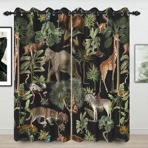 52x63 Inch Animal World Blackout Curtains Jungle Wildlife World Elephant Giraffe Wild Safari Green Forest for Living Room Bedroom Window Drapes, 2 Panels Home Set with Holes