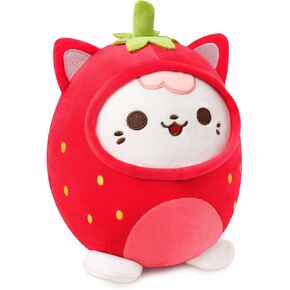 PEACH CAT Strawberry Cat Plush Pillow Cute Strawberry Kitten Stuffed Animal Cat plushie with Strawberry Outerwear for Kids Red 8"