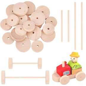 OLYCRAFT 32Pcs Wood Craft Wheels with 20Pcs Wooden Sticks 1.5 & 1 Inch Unfinshed Wooden Wheel Wooden Craft Wheels Tires with 0.2inch Holes for DIY Model Wooden Cars Wooden Crafting Projects