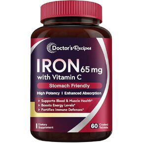 Doctor's Recipes Iron Supplement, with Vitamin C, B6, Folate & B12, Non-Constipating, Gentle Iron Pills for Iron Deficiency, Blood & Energy Support, 60 Vegan Capsules