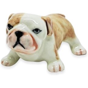 ChangThai Design Tiny 1⅝" Long White Light Brown Standing Bulldog Figurine - Miniature Hand Made Painted Ceramic Bull Dog Puppy Pet Animals Porcelain Decorative Collectible Figurines Home Décor Gifts