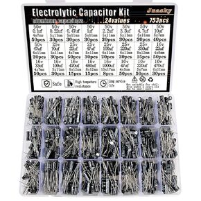 753pcs Aluminum Electrolytic Capacitors Assortment Kit， 24values capacitor kit 10v 16v 25v 50v 0.1uf 1uf 2.2uf 33uf 47uf 220uf 470uf 680uf 1000uf