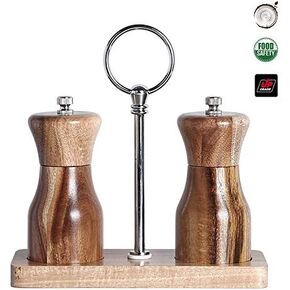 Acacia Wood Salt and Pepper Grinder Set, Manual Pepper mill, Refillable, Adjustable Coarseness Ceramic Rotor, with Wooden Stand Holder Tray