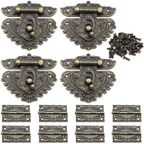 Antique Engraved Decorative Hasp Latch & Hinges Kit, OZXNO 4 PCS 76 x 57 mm Oval Zinc Alloy Hasp Clasp and 8 PCS Vintage Bronze Hinges with Screws for Jewelry Box Cabinet Drawer