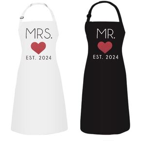 GSM Brands Mr. and Mrs. Couples Kitchen Aprons (2-Piece Set) Cute Cooking Bibs for Newlyweds