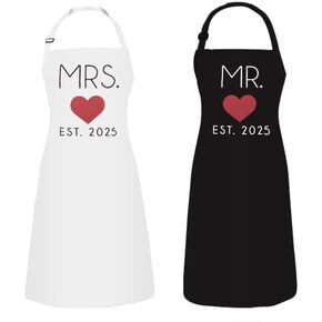GSM Brands Mr. and Mrs. Couples Kitchen Aprons (2-Piece Set) Cute Cooking Bibs for Newlyweds