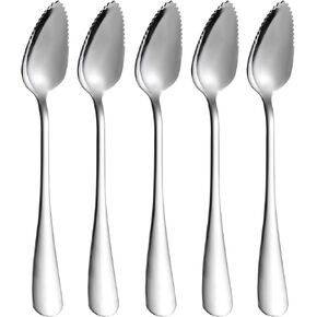 5 PCS Grapefruit Spoons, Stainless Steel Grapefruit Spoon Utensil Set, Serrated Edge & Thick Gauge Handle, Silver Kitchen Tool with Non-stick Plating for Kiwi, Dessert, Apple, Citrus Fruit