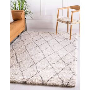 Unique Loom Rabat Shag Collection Modern Tribal Moroccan Inspired Plush & Soft Geometric Design Area Rug (5' 0 x 8' 0 Rectangular, Ivory/ Gray)