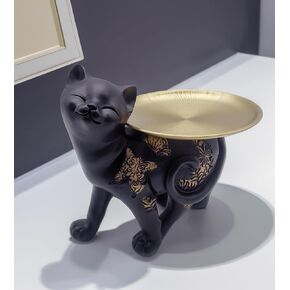 Resin Cat Statue with Tray,Key Tray for Entryway Table,Black Cat Statues Home Decor,Animal Sculpture with Tray Storage Key Holder Candy Jewelry Earrings Tray,Figurines Entryway Table Modern Decor in Saudi Arabia