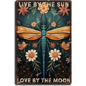 Retro Aluminum Sign Dragonfly Live by The Sun Love by The Moon Dragonfly Vintage Art Wall Decor Sign for Man Cave Garage Home Wall Decoration 8.00“x12.00"