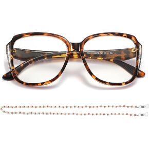 Stylish Cateye Reading Glasses, Large Frame Oversized Reader Sunglass with Fashion Eyeglasses Chain Portable for Women