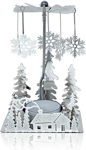 Silver Winter Cabin Candle Spinner - Silver Plated Laser Cut Winter Scene Cabin Trees Design with Snowflake Charms - Tea Light Candle Holder - Christmas Décor in Saudi Arabia