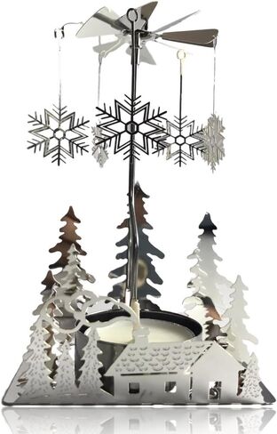 Silver Winter Cabin Candle Spinner - Silver Plated Laser Cut Winter Scene Cabin Trees Design with Snowflake Charms - Tea Light Candle Holder - Christmas Décor in Saudi Arabia