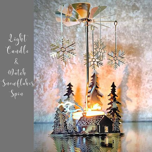 Silver Winter Cabin Candle Spinner - Silver Plated Laser Cut Winter Scene Cabin Trees Design with Snowflake Charms - Tea Light Candle Holder - Christmas Décor in Saudi Arabia