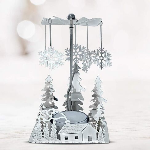 Silver Winter Cabin Candle Spinner - Silver Plated Laser Cut Winter Scene Cabin Trees Design with Snowflake Charms - Tea Light Candle Holder - Christmas Décor in Saudi Arabia