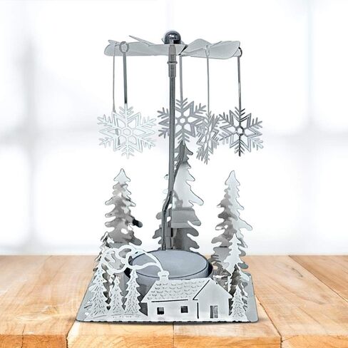 Silver Winter Cabin Candle Spinner - Silver Plated Laser Cut Winter Scene Cabin Trees Design with Snowflake Charms - Tea Light Candle Holder - Christmas Décor in Saudi Arabia