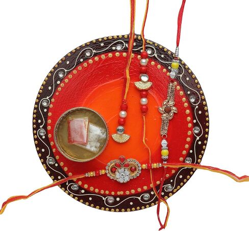 طبق راخي ثالي تيلاك، طبق راخي صغير مزخرف من خشب إم دي إف بوجا ثالي وحامل ضوء الشاي مع سوار، مجموعة راخي دوري مكونة من 4 قطع مع رولي تشاوال لمهرجان راكشا باندان (الحجم - 5 بوصات) in Saudi Arabia