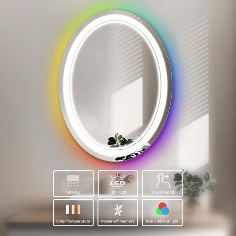 Oval RGB Backlit Makeup Mirror & LED Bathroom Mirror Frontlight Mirror 32*24 Inch Wall Mounted Vanity Mirror Smart Makeup Wall Mirror Plug-in Lightup Mirror with Shatterproof Dimmable Anti-fog in Saudi Arabia