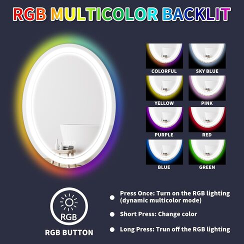 Oval RGB Backlit Makeup Mirror & LED Bathroom Mirror Frontlight Mirror 32*24 Inch Wall Mounted Vanity Mirror Smart Makeup Wall Mirror Plug-in Lightup Mirror with Shatterproof Dimmable Anti-fog in Saudi Arabia