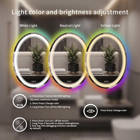 Oval RGB Backlit Makeup Mirror & LED Bathroom Mirror Frontlight Mirror 32*24 Inch Wall Mounted Vanity Mirror Smart Makeup Wall Mirror Plug-in Lightup Mirror with Shatterproof Dimmable Anti-fog in Saudi Arabia