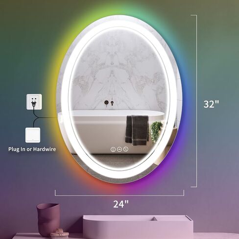 Oval RGB Backlit Makeup Mirror & LED Bathroom Mirror Frontlight Mirror 32*24 Inch Wall Mounted Vanity Mirror Smart Makeup Wall Mirror Plug-in Lightup Mirror with Shatterproof Dimmable Anti-fog in Saudi Arabia