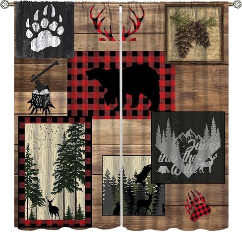 ستائر المقصورة الريفية، موس الغزلان الدب مزرعة لودج العلاجات نافذة لغرفة المعيشة غرفة نوم ديكور المطبخ، خمر البلد كوخ الأساسية ستائر التعتيم 2 لوحة مجموعات، 42x45 بوصة in Kuwait