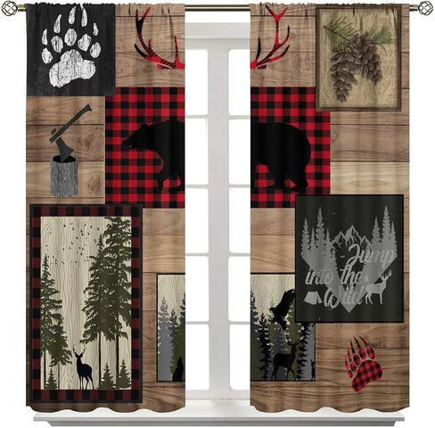ستائر المقصورة الريفية، موس الغزلان الدب مزرعة لودج العلاجات نافذة لغرفة المعيشة غرفة نوم ديكور المطبخ، خمر البلد كوخ الأساسية ستائر التعتيم 2 لوحة مجموعات، 42x45 بوصة in Kuwait