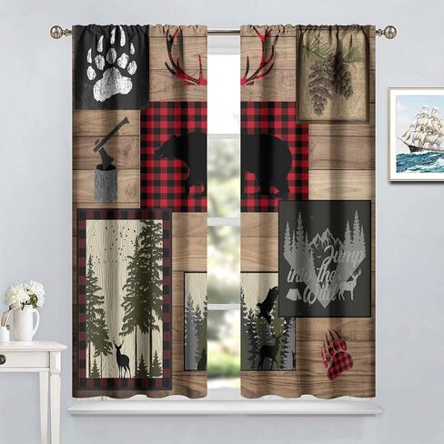 ستائر المقصورة الريفية، موس الغزلان الدب مزرعة لودج العلاجات نافذة لغرفة المعيشة غرفة نوم ديكور المطبخ، خمر البلد كوخ الأساسية ستائر التعتيم 2 لوحة مجموعات، 42x45 بوصة in Kuwait