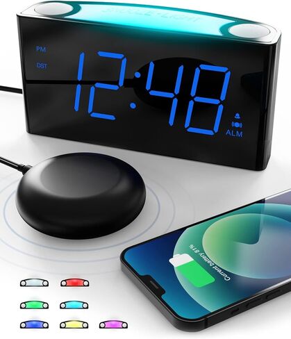 Rocam Digital Alarm Clock for Bedrooms - Large 7.5'' LED Display with Dimmer, Snooze, 7 Color Night Light, Easy to Set, USB Chargers, Battery Backup, 12/24 Hour for Kids,Heavy Sleepers(Blue) in Kuwait