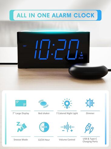 Rocam Digital Alarm Clock for Bedrooms - Large 7.5'' LED Display with Dimmer, Snooze, 7 Color Night Light, Easy to Set, USB Chargers, Battery Backup, 12/24 Hour for Kids,Heavy Sleepers(Blue) in Kuwait
