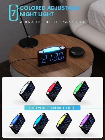 Rocam Digital Alarm Clock for Bedrooms - Large 7.5'' LED Display with Dimmer, Snooze, 7 Color Night Light, Easy to Set, USB Chargers, Battery Backup, 12/24 Hour for Kids,Heavy Sleepers(Blue) in Kuwait