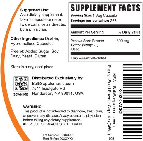 BulkSupplements.com Papaya Seed Capsules - from Carica Papaya Seeds, Papaya Capsules - Papaya Digestive Support, Vegan-Friendly, 1 Capsule per Serving, 365 Veg Capsules in Saudi Arabia