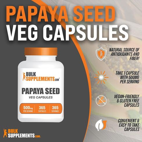 BulkSupplements.com Papaya Seed Capsules - from Carica Papaya Seeds, Papaya Capsules - Papaya Digestive Support, Vegan-Friendly, 1 Capsule per Serving, 365 Veg Capsules in Saudi Arabia