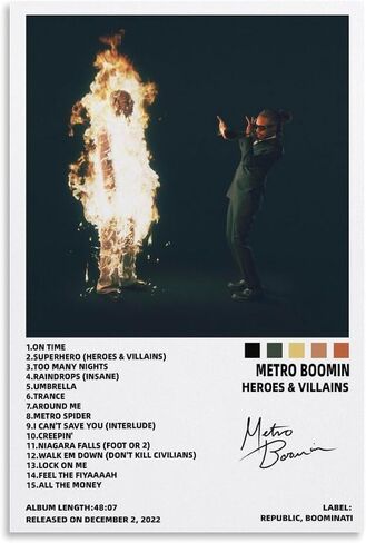 ملصق DEFUXINI Metro Boomin للأبطال والأشرار غطاء ألبوم ملصق قماشي جدار الفن ملصقات عائلية حديثة للغرفة الجمالية 12 × 18 بوصة (30 × 45 سم)، نمط غير إطار in Saudi Arabia