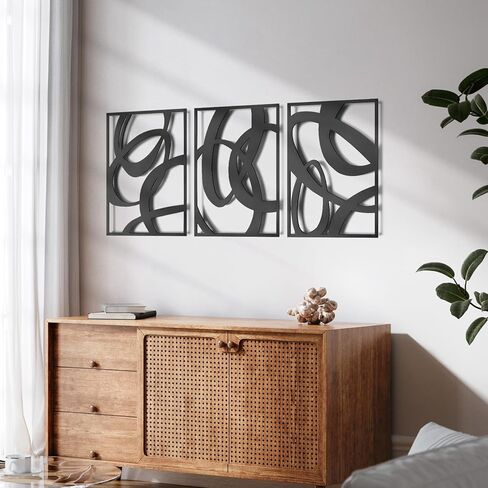 Pigort الأسود مجردة جدار معدني الفن 3D محكم منحوتات الجدار المعدنية الحديثة الجوف خارج تصميم ديكور جدار معدني للمنزل غرفة المعيشة مكتب الطعام جاهزة للتعليق مجموعة من 3،11 "× 16" in Kuwait