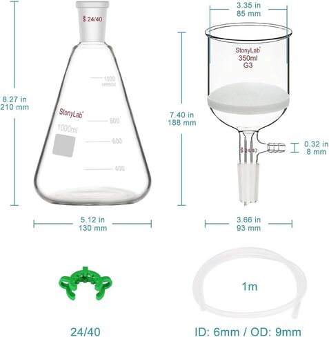stonylab Buchner Funnel & Flask Set, 350 ml Glass Funnel with 1L Erlenmeyer Flask and Silicone Tubing for Lab Use in Saudi Arabia